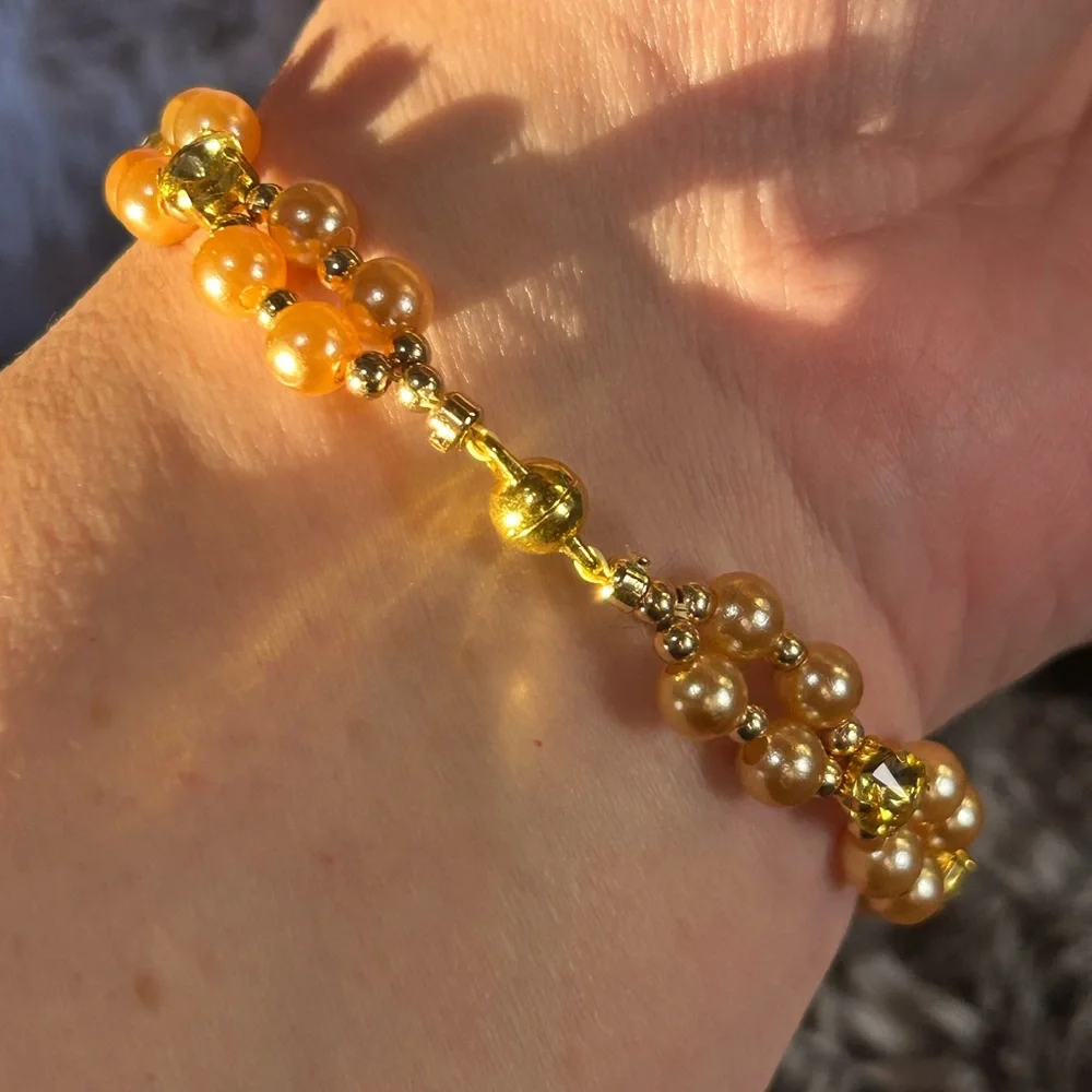 Handcrafted vintage gem citrine dome crystal pearl beaded bracelet